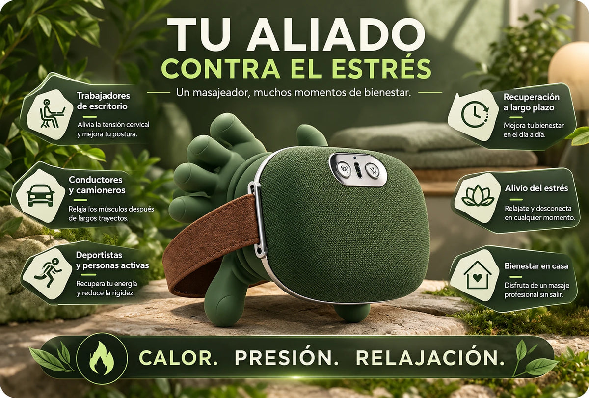 Seis momentos de uso de ErgoWave: en el escritorio, al volante tras un trayecto largo, despues de entrenar, para la recuperacion del dia a dia, para desconectar y para el bienestar en casa.